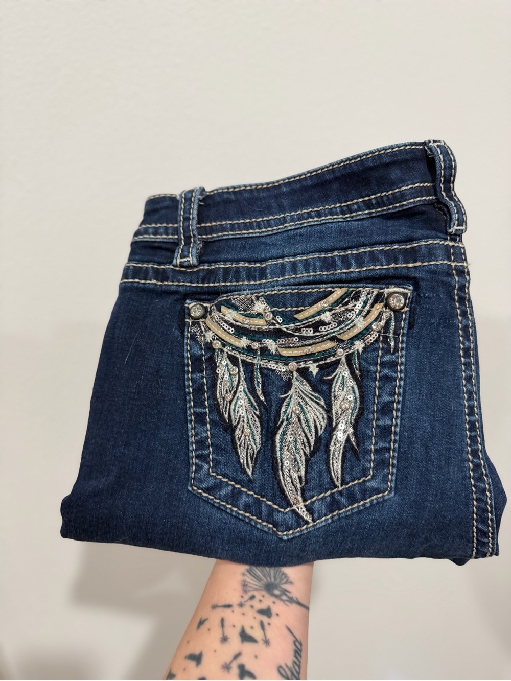 Miss Me Dark Blue Boot Cut Jeans with Feather Sequin Pocket
